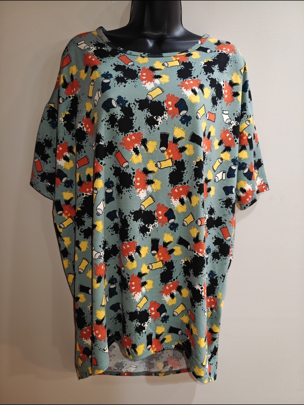 LuLaRoe Teal Paint-Splash Graphic Tee with Yellow, Black & Red Accents